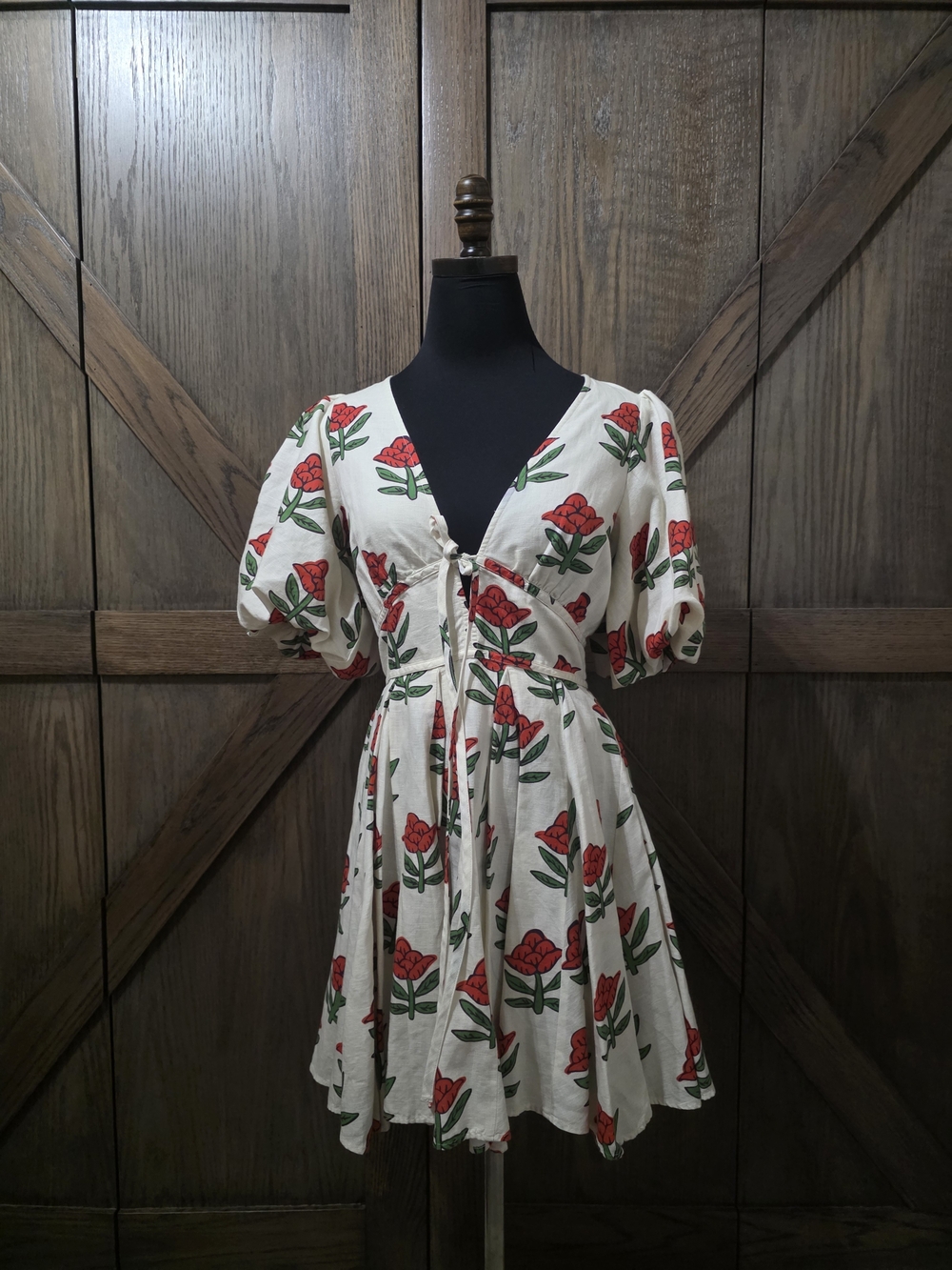RHODE Ivory Mini Dress with Red Floral Print